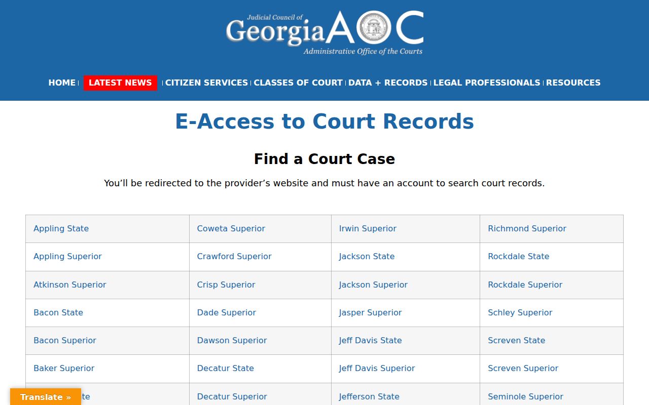 Washington County case lookup Georgia Courts E-Access directory
