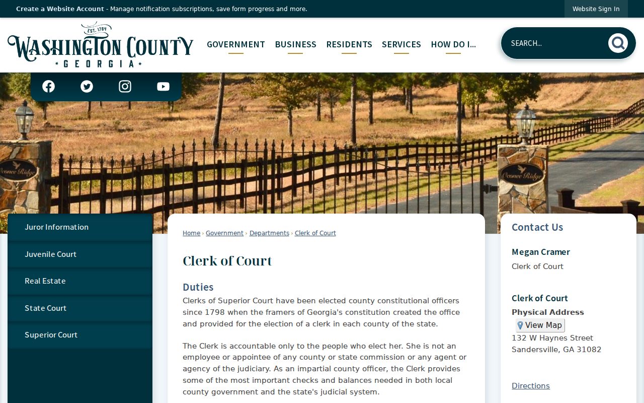 Washington County court docket Clerk of Court page