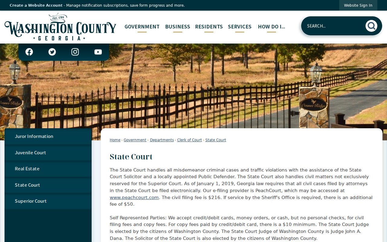 Washington County court docket State Court calendar page
